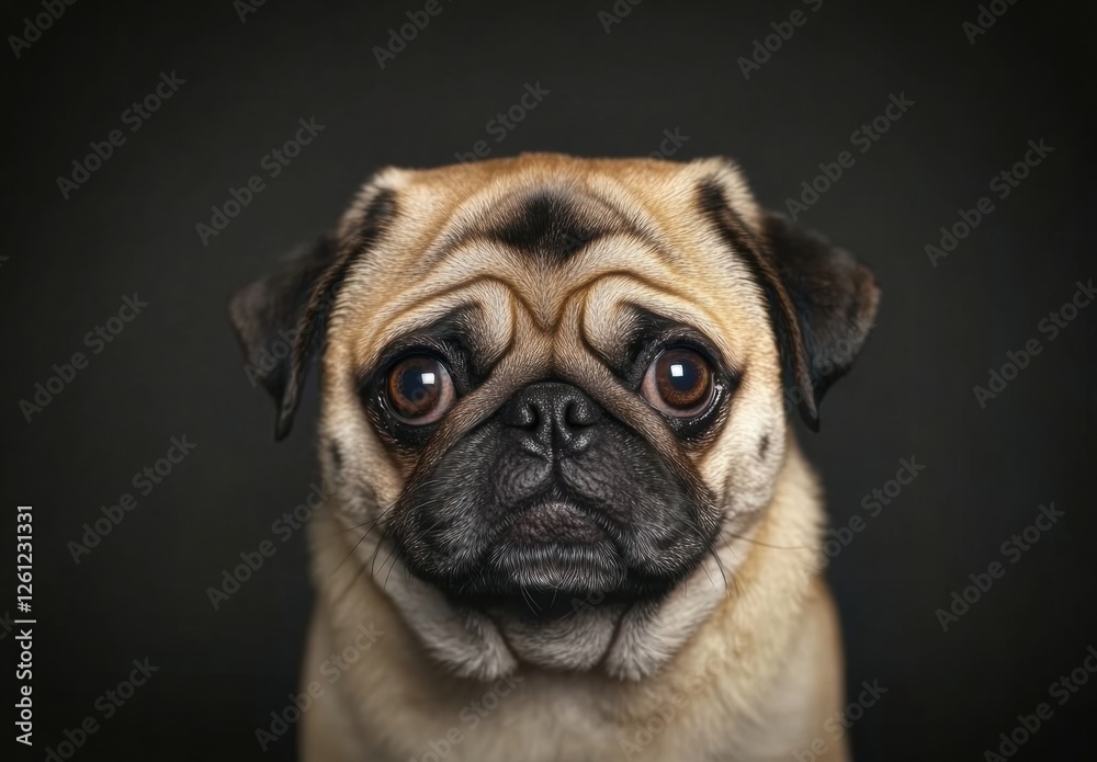 A pug dog with its eyes closed and looking at the camera A pug dog with its eyes closed and looking at the camera