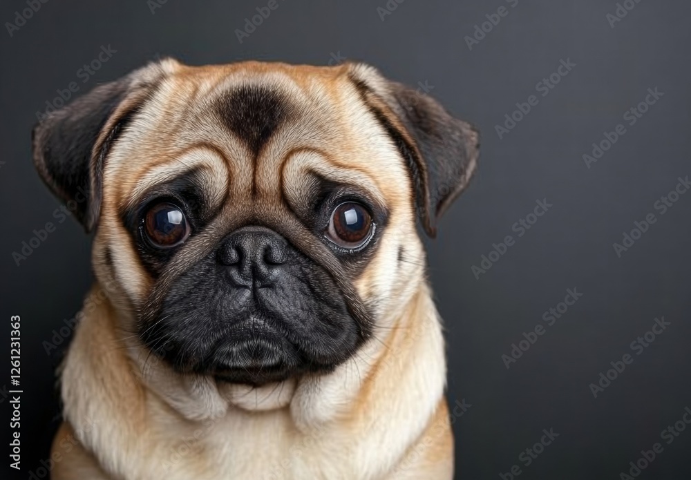 A pug dog with a black nose and brown eyes A pug dog with a black nose and brown eyes