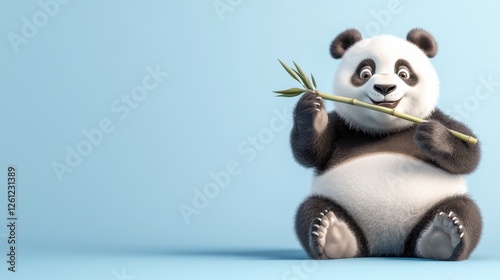 A giant panda sitting and holding a bamboo shoot, adorable and relaxed posture, fluffy black and white fur
