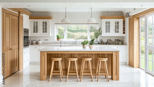 A kitchen with a large island and four stools