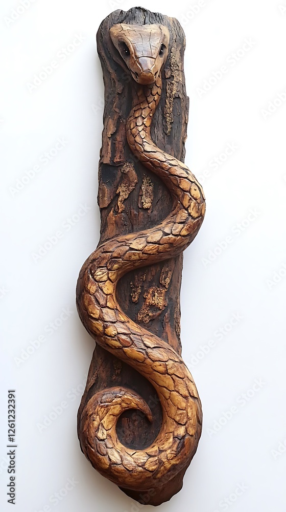 Fototapeta premium Sculpture, Wood Carving, Snake, on White Background, Abstract Image, Texture, Pattern Background, Wallpaper, Smartphone Cover and Screen, PC, Laptop, 9:16 and 16:9 Format