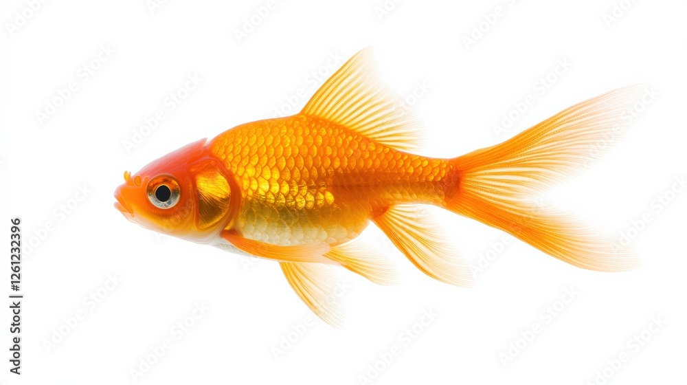 A goldfish swimming with long flowing fins, bright orange scales, soft light reflections A goldfish swimming with long flowing fins, bright orange scales, soft light reflections