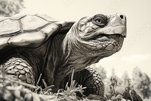 A giant tortoise moves slowly through its natural environment, surrounded by lush vegetation and soft sunlight filtering through trees.