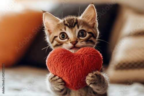 Cute savannah kitty with fluffy red heart at cozy dwelling. Promotion companion concept art. Savannah - my cherished cat, symbol of care. Cozy cat love. Kittens and hearts. Romantic cat imag.