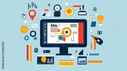 Wallpaper Mural Creative Graphic Design Elements and Computer Desktop on Light Blue Background Torontodigital.ca