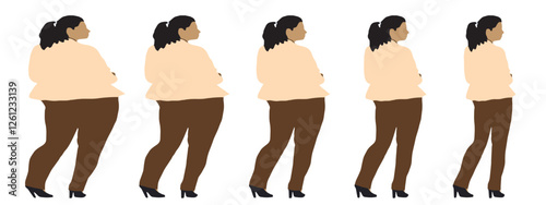 Conceptual fat overweight obese female vs slim fit healthy body after weight loss or diet on white background banner. A  fitness, nutrition or obesity, health shape illustration vector as silhouettes