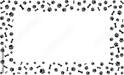 Rectangular frame with pet paw prints and bone with blank space for text.   Black silhouette track of dog or cat paw prints Pet paw prints frame for decorating shop windows, websites, etc. Vector  