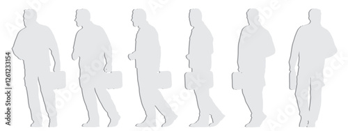 Vector concept or conceptual gray paper cut silhouette of a worker with a tool box  from different perspectives isolated on white background. A metaphor for maintenance, technician and professional