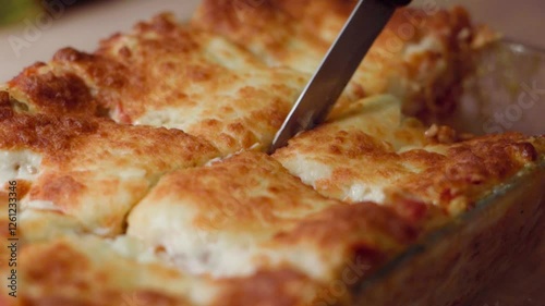 Close up of a hand cutting delicious lasagna in slow motion