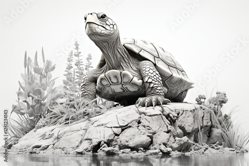 Giant tortoise exploring its natural habitat under soft sunlight in a serene landscape