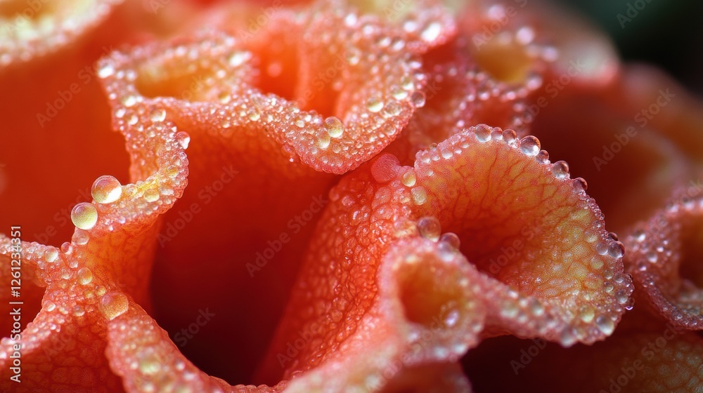 Macro shot of orange coral-like texture with dewdrops, organic and mesmerizing abstract pattern. Macro shot of orange coral-like texture with dewdrops, organic and mesmerizing abstract pattern.