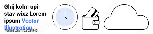 Clock displaying time, wallet holding credit cards, and cloud icon representing Internet concept. Ideal for finance, time management, digital storage, business, cloud computing, online transactions