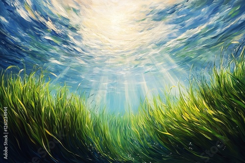 Underwater Seagrass Sunlight Ocean Background