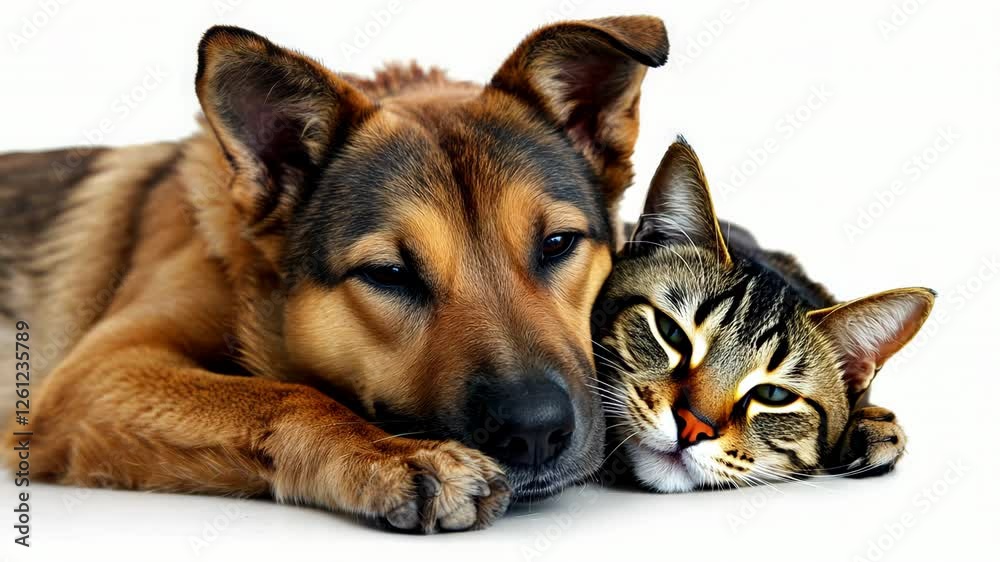 A dog and a cat lying together on a white floor. A veterinary clinic or pet store. A dog and a cat lying together on a white floor. A veterinary clinic or pet store.