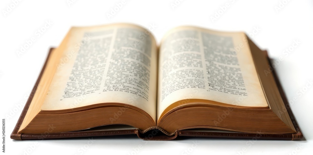 Open antique book, isolated on white Shows aged pages & texture , brown, learning, paper Open antique book, isolated on white Shows aged pages & texture , brown, learning, paper