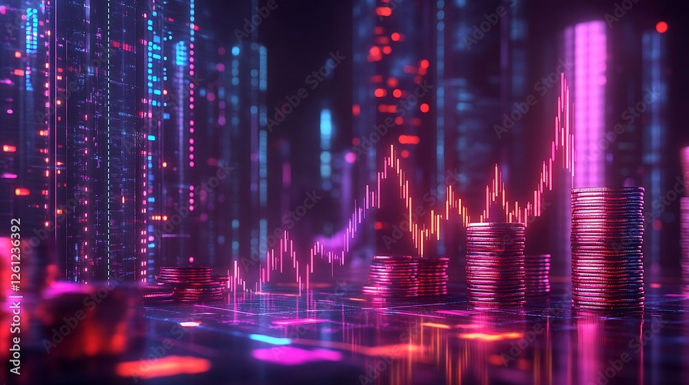 Fototapeta premium Futuristic Financial Growth Visualization, A digital representation of financial growth, featuring stacks of coins, glowing graphs