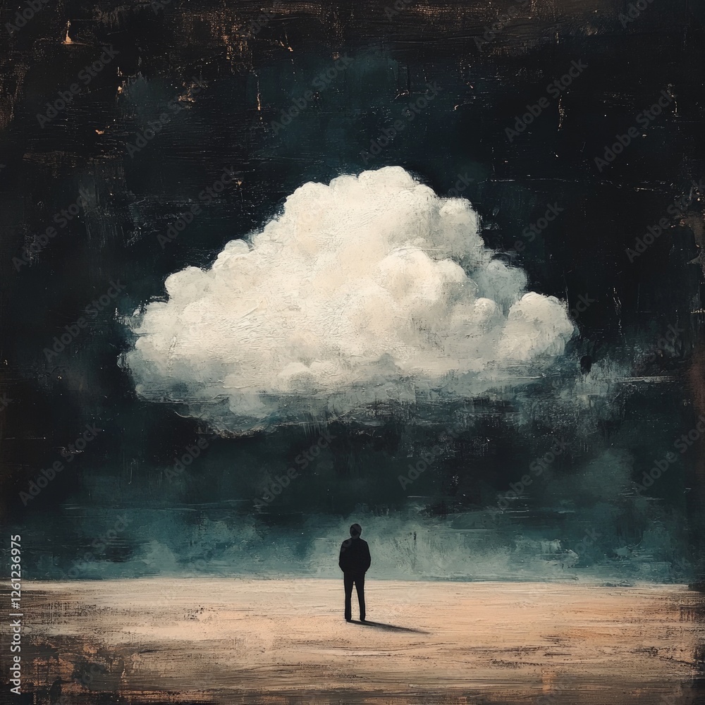 Fototapeta premium Solitary Figure Gazes Up at Majestic Cloud in Dreamy Landscape