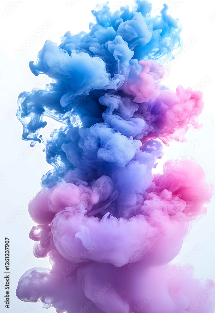 A colorful cloud of ink in water with pink and blue colors on white background creating an abstract composition The color contrast between the smokelike shapes cre A colorful cloud of ink in water with pink and blue colors on white background creating an abstract composition The color contrast between the smokelike shapes cre