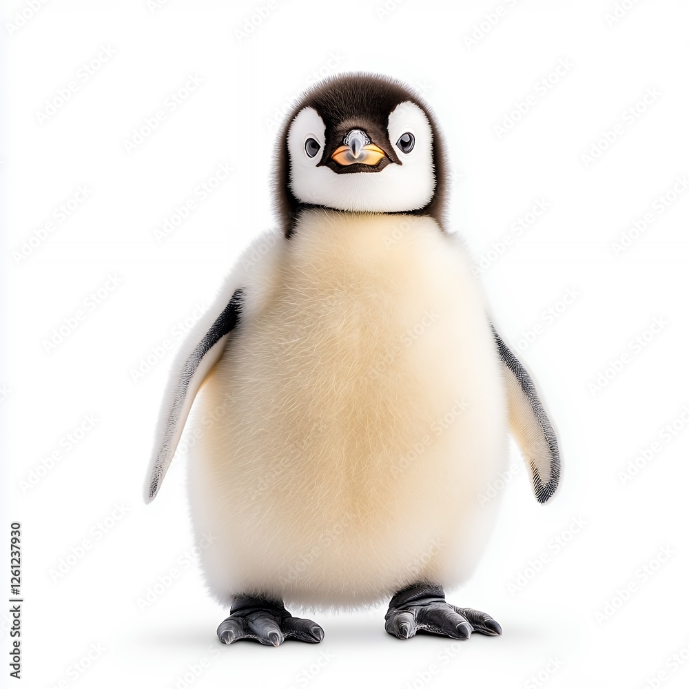 Obraz premium Adorable Fluffy Penguin Chick Poses Against White Background