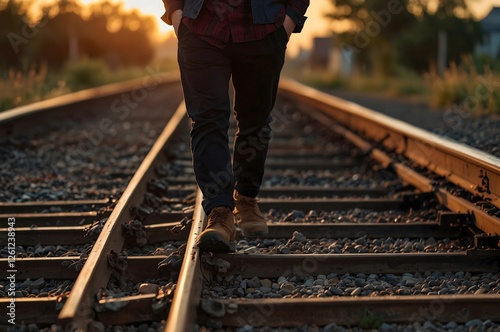 A young man on the railroad. Legs, close-up.