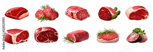 A closeup of a set of meat realistic icons on a white background.