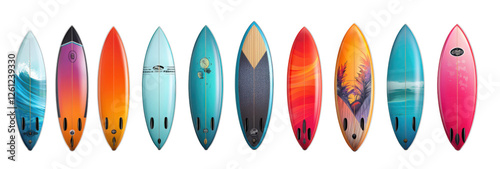 A set of colorful surfboard vector illustrations on a white background.