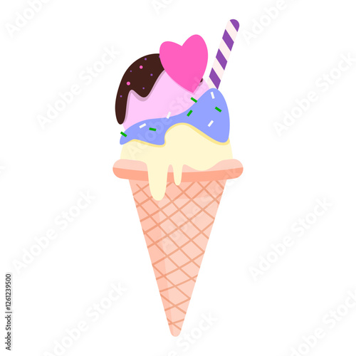 Ice cream in waffle cone with chocolate drips and pink heart. Funny strawberry gelato scoop for Valentines day gift. Summer food, love mascot, cute ice cream vector illustration