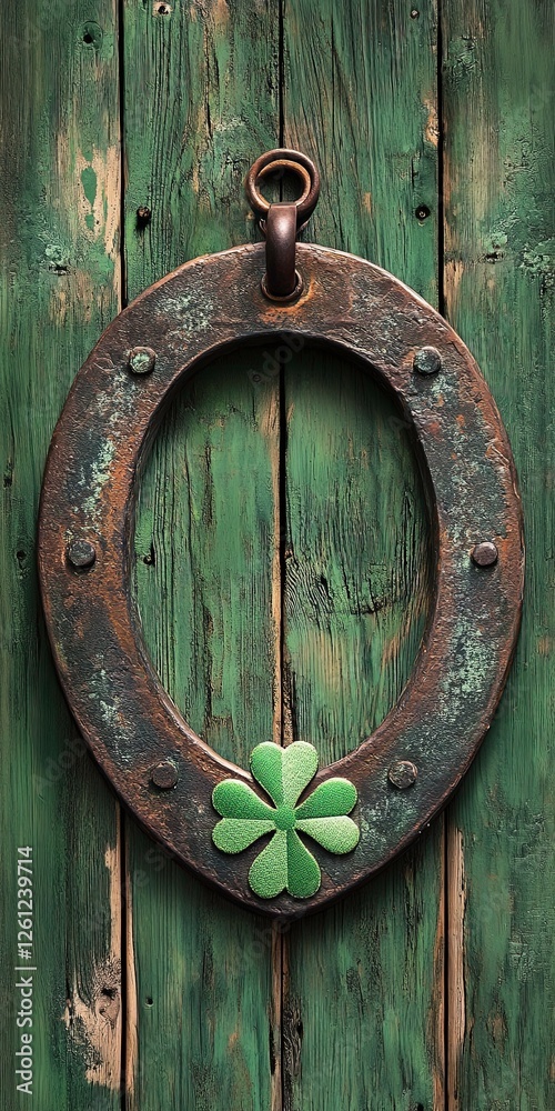 Decorative horseshoe with a green clover against wooden background Decorative horseshoe with a green clover against wooden background
