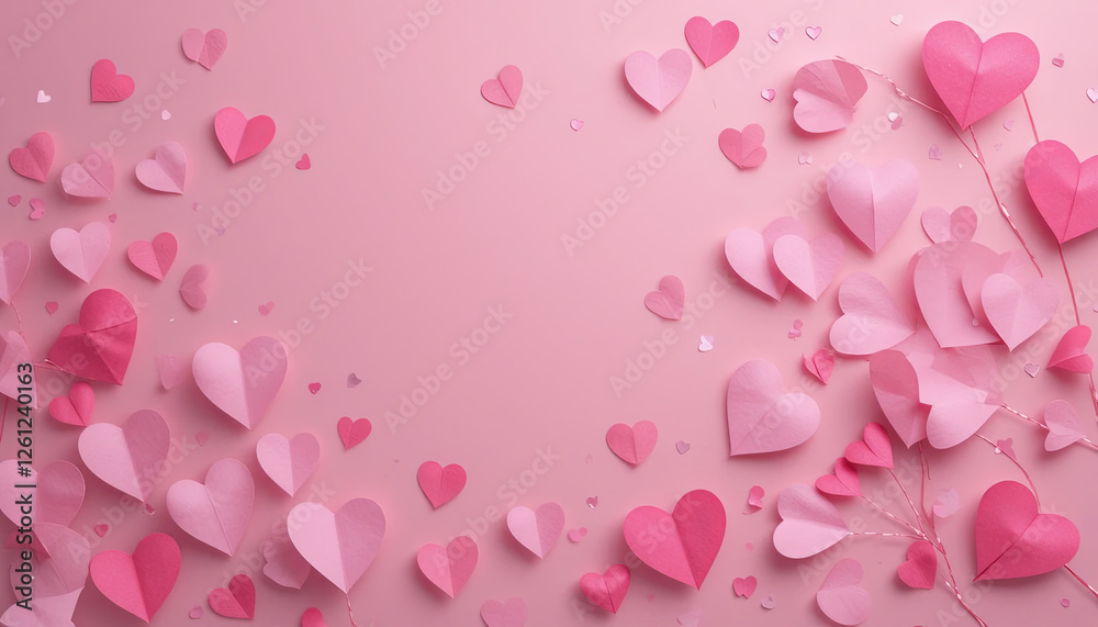 Delicate paper hearts in various shades of pink scatter playfully on a soft pink background, creating a whimsical atmosphere perfect for romantic events or celebrations