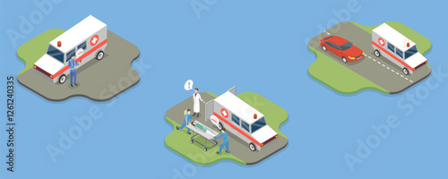 3D Isometric Flat Vector Illustration of Ambulance Vehicle, Emergency Patient Transportation