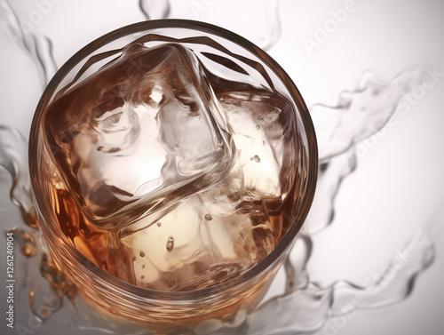 A close-up of a crystal-clear glass filled with ice and a refreshing drink, with intricate details of the ice cubes and glass texture, illuminated by soft lighting. photo