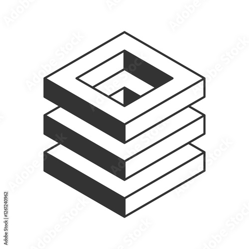 Stylish isometric illustration of stacked squares creating a nested, receding effect.  Perfect for concepts of depth, layers, complexity, or technology.