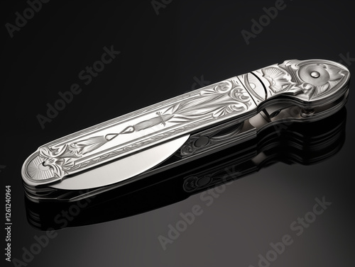 A close-up of a silver pocket knife with detailed engravings, captured in high detail, showcasing the craftsmanship and sharp blade with soft, moody lighting. photo