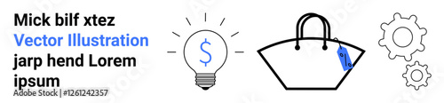 Dollar sign lightbulb, shopping bag with tag, and gears symbolizing ideas, shopping, commerce, innovation, business strategy e-commerce teamwork. Ideal for startups planning marketing. Modern