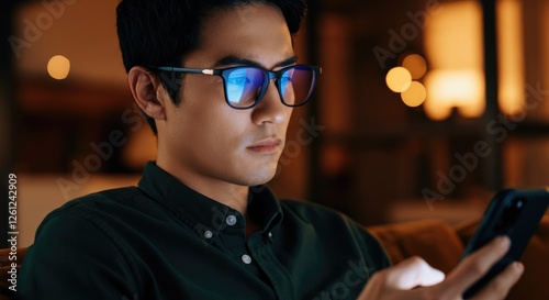 Asian man using smartphone in low light environment