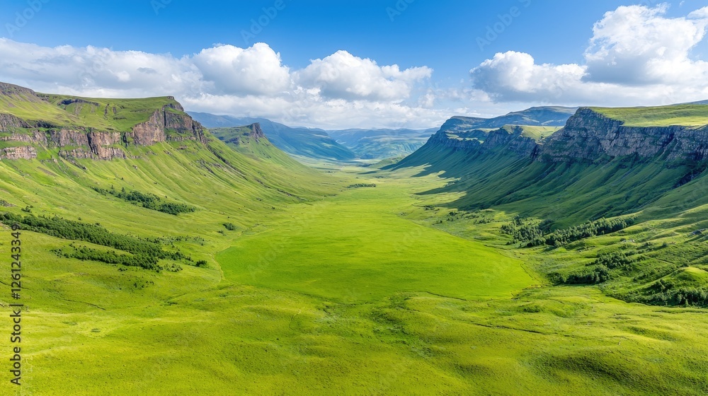 Fototapeta premium Lush green valley, mountain landscape, sunny day, aerial view, nature background