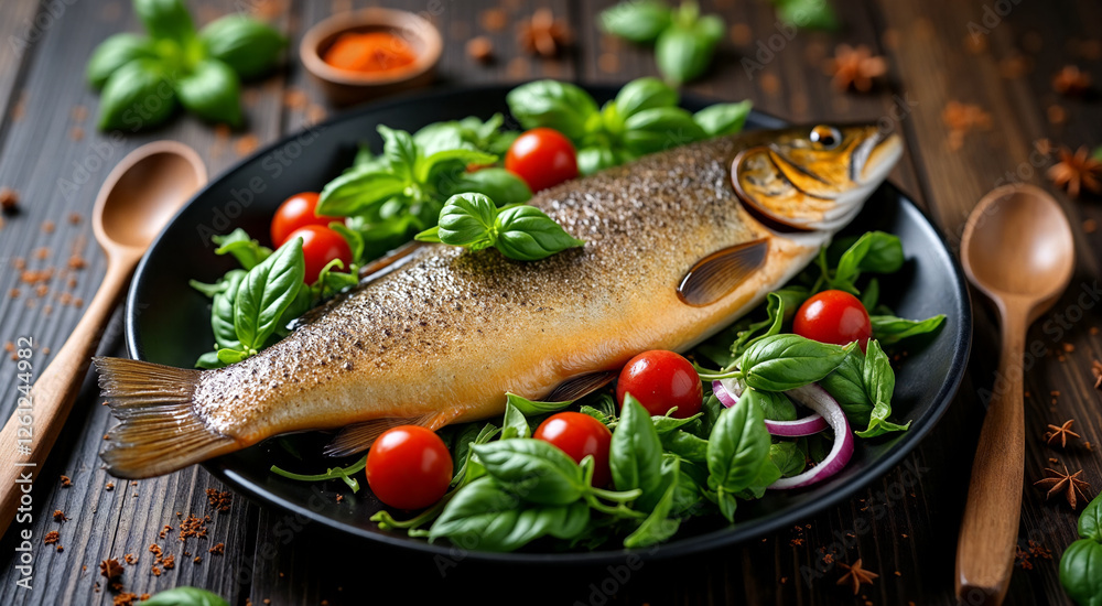 Whole baked fish served on a bed of fresh greens and cherry tomatoes. The dish is garnished with basil and sliced onions, presented on a black plate. Whole baked fish served on a bed of fresh greens and cherry tomatoes. The dish is garnished with basil and sliced onions, presented on a black plate.