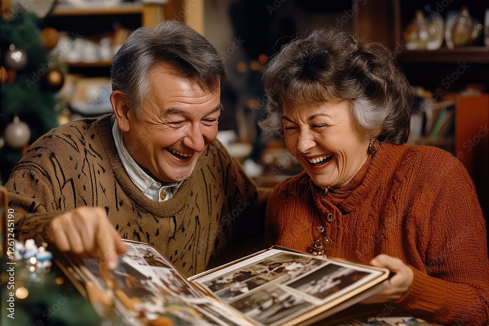 Fototapeta premium Elderly couple joyfully flipping through a photo album, reminiscing cherished memories in a cozy holiday-decorated home, capturing warmth, nostalgia, and the beauty of lifelong love.