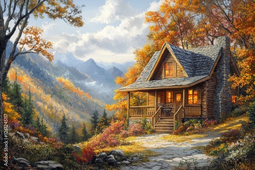 Autumn mountain cabin, warm light, scenic view, peaceful fall
