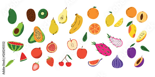 A set of icons with natural fruits and berries. Juicy tropical fruits. Avocado, kiwi, apple, pitahaya, papaya, watermelon, strawberry, mango, lemon, apricot, plum, fig, pear. cherry, banana. orange.