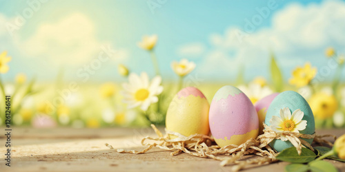 Uova di Pasqua colorate su tavolo di legno con fiori primaverili e sfondo sfocato di margherite e cielo azzurro  