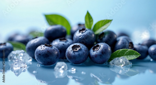 Fresh blueberries with ice cubes and green leaves on a reflective surface. Delicious and juicy, perfect for a refreshing snack or dessert. Beautifully captured with a cool blue theme.