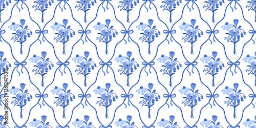 Blue Coquette Bows and Flowers. Floral damask seamless pattern for fabric, wallpaper, cover, wrapping paper. Botanical classic elegance print Vector isolated on white background