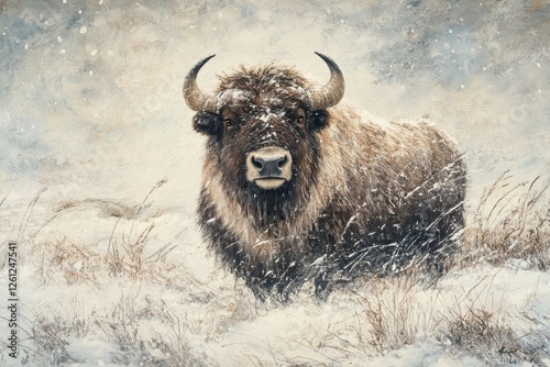 Bison in snowy field, winter storm. Wildlife art