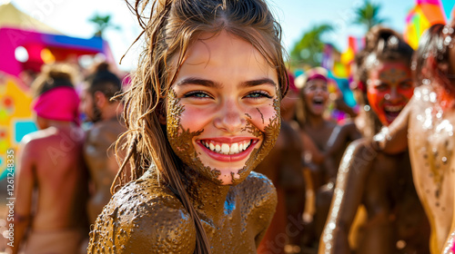 A young girl covered in mud at a festival photo