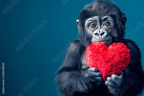 Cute gorilla baby with fluffy red heart - emblem of love, funny greeting card. Commercial idea. Gorilla - my treasured animal. Advertising concept art. Animal love designs valentines. photo