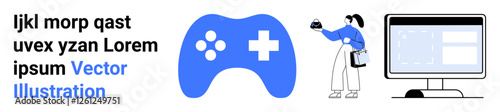 Console controller, computer monitor with interface, and a gamer holding coffee. Ideal for gaming, streaming, technology, entertainment, esports, creativity casual activities flat landing page