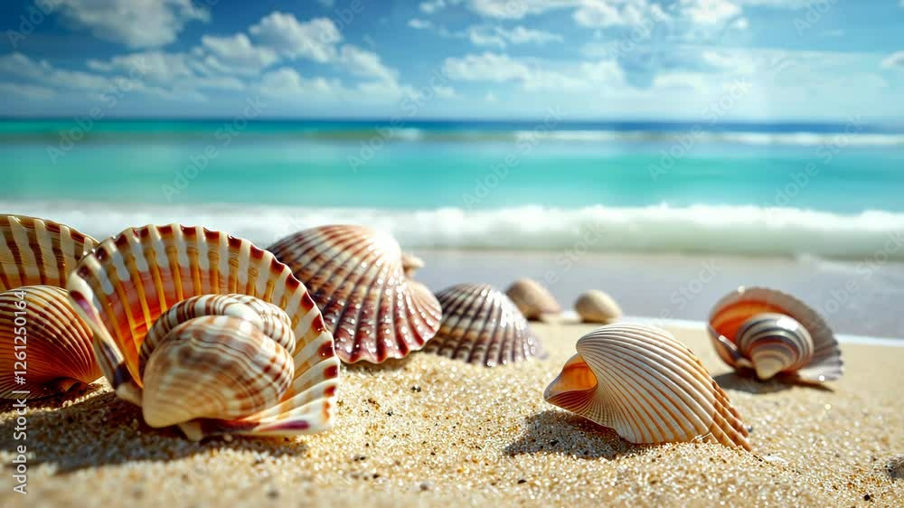 Seashells on Tropical Beach: A collection of diverse seashells, showcasing their intricate textures and colors, rest on a pristine sandy beach. Seashells on Tropical Beach: A collection of diverse seashells, showcasing their intricate textures and colors, rest on a pristine sandy beach.