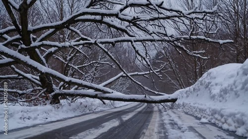Slow Motion Shot of a Tree Fallen in the Middle of a Road in Winter – Snow-Covered Landscape, Broken Branches, Cold Frosty Atmosphere, Serene Yet Disruptive Scene, Silent Winter Wilderness, Road