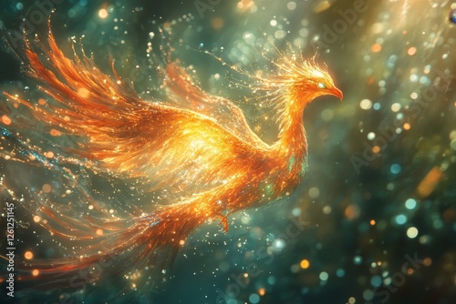Phoenix rising, mystical forest, glowing, fantasy art, game design